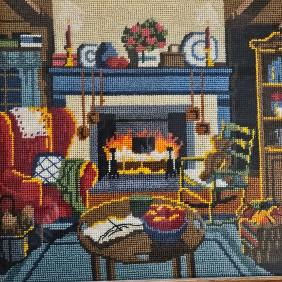Finished Needlepoint Fireplace Sitting Room Picture Folk Art Mounted - Picture 2 of 3
